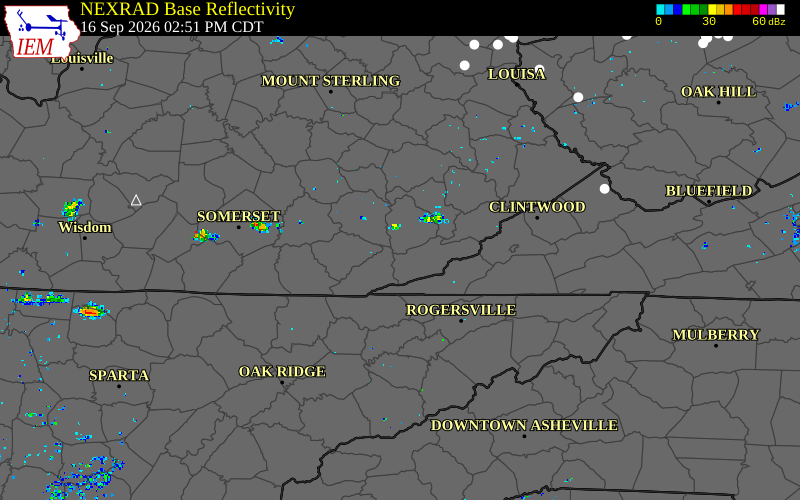 Current NEXRAD radar over Leslie County, Kentucky with recent storm report locations
