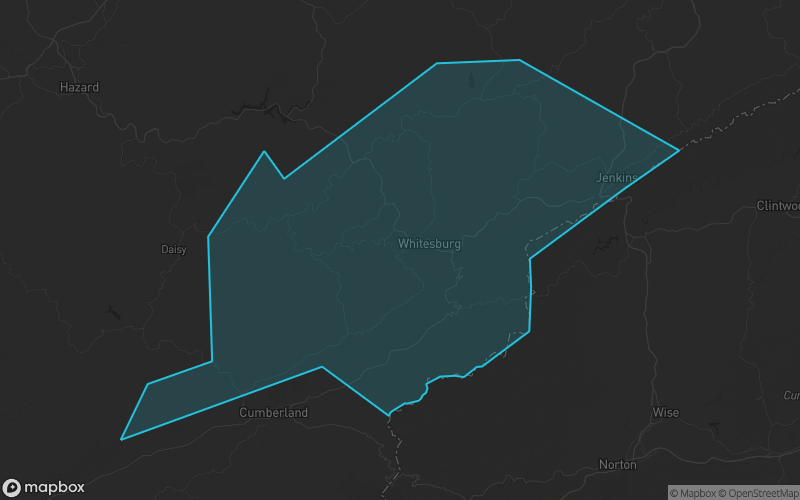 Map of Letcher County, Kentucky showing the county boundary and surrounding cities