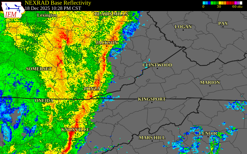 NEXRAD radar during the Thursday, December 18, 2025 storm activity in Letcher County, Kentucky