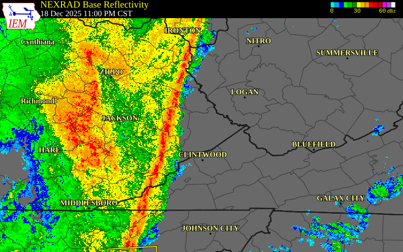 NEXRAD radar during the Friday, December 19, 2025 storm activity in Letcher County, Kentucky