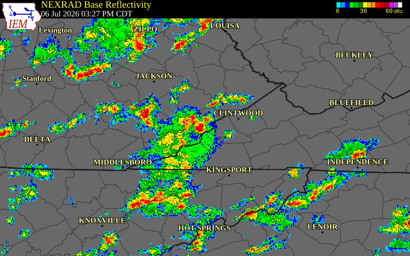NEXRAD radar during the Monday, July 6, 2026 storm activity in Letcher County, Kentucky
