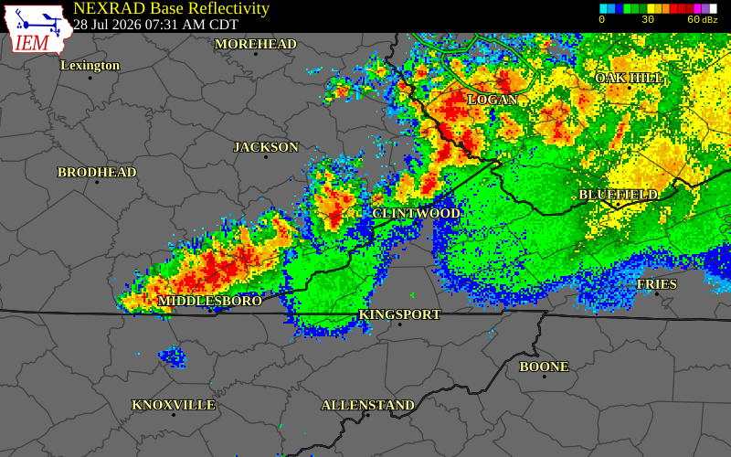 NEXRAD radar during the Tuesday, July 28, 2026 storm activity in Letcher County, Kentucky