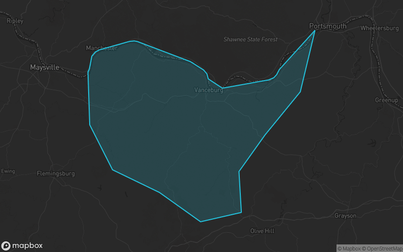 Map of Lewis County, Kentucky showing the county boundary and surrounding cities