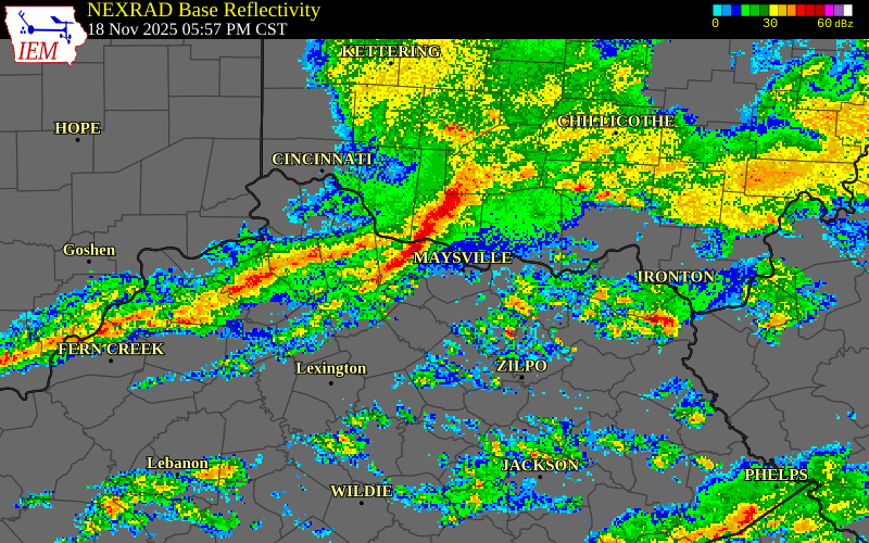 NEXRAD radar during the Tuesday, November 18, 2025 storm activity in Lewis County, Kentucky