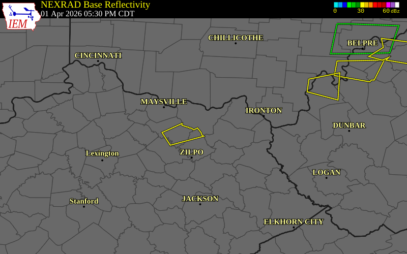 NEXRAD radar during the Wednesday, April 1, 2026 storm activity in Lewis County, Kentucky