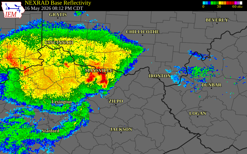 NEXRAD radar during the Saturday, May 16, 2026 storm activity in Lewis County, Kentucky