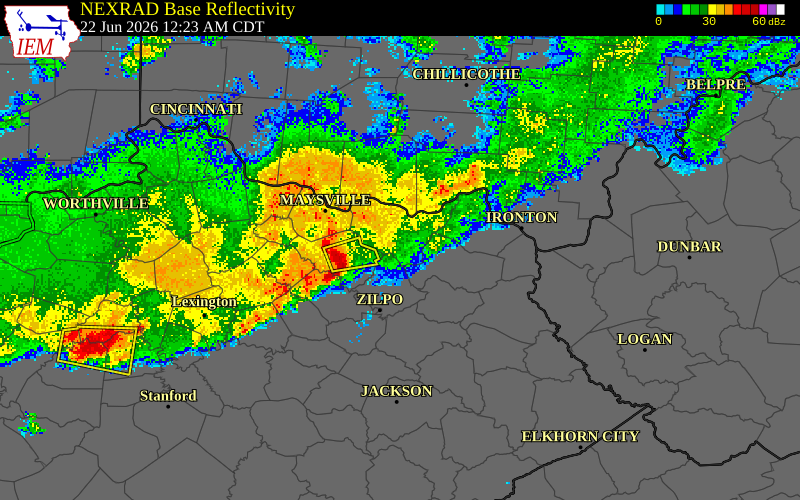 NEXRAD radar during the Monday, June 22, 2026 storm activity in Lewis County, Kentucky