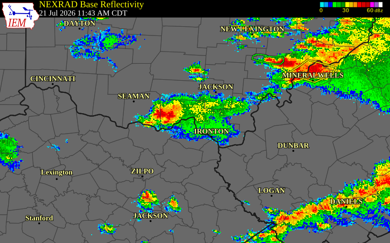 NEXRAD radar during the Tuesday, July 21, 2026 storm activity in Lewis County, Kentucky