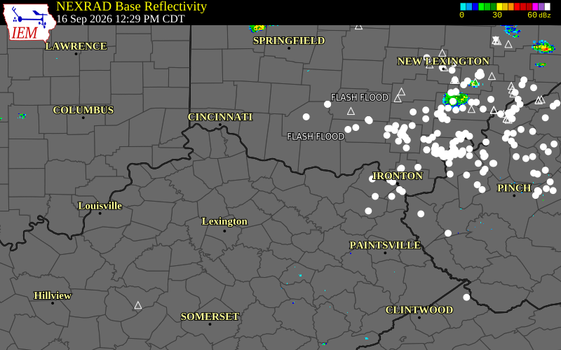 Current NEXRAD radar over Lewis County, Kentucky with recent storm report locations