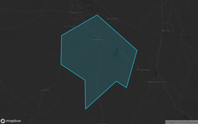 Map of Lincoln County, Kentucky showing the county boundary and surrounding cities