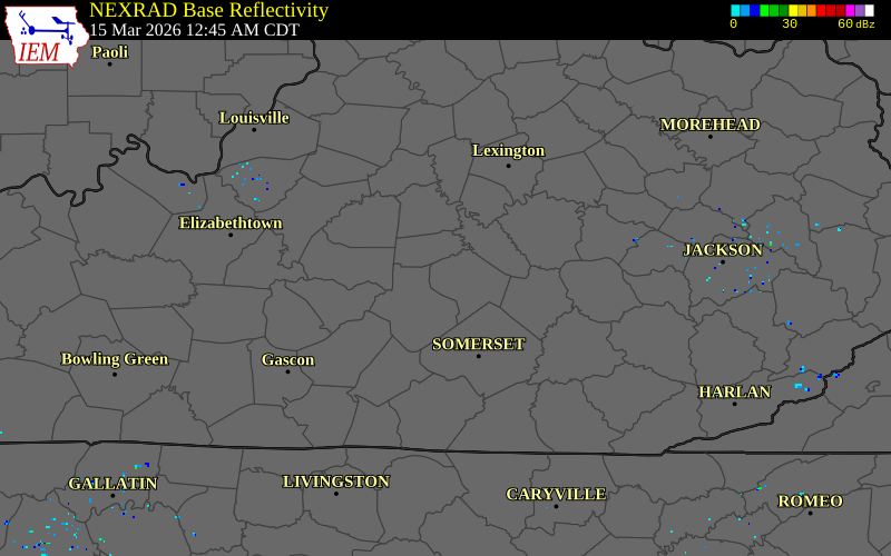 NEXRAD radar during the Sunday, March 15, 2026 storm activity in Lincoln County, Kentucky
