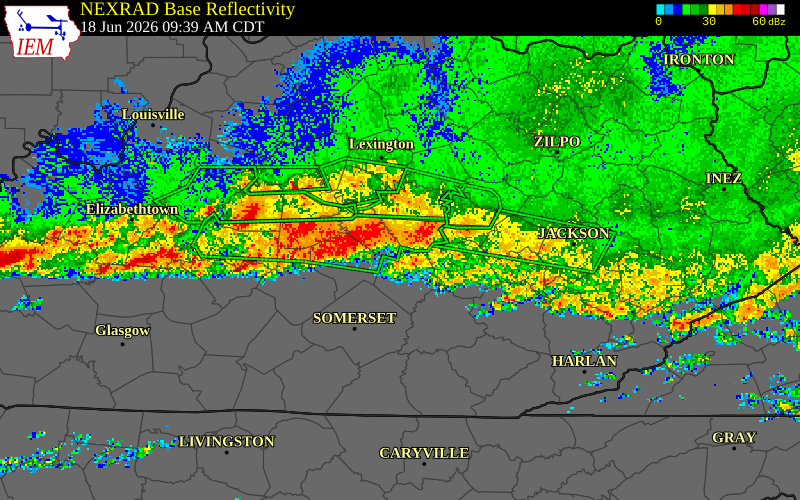 NEXRAD radar during the Thursday, June 18, 2026 storm activity in Lincoln County, Kentucky