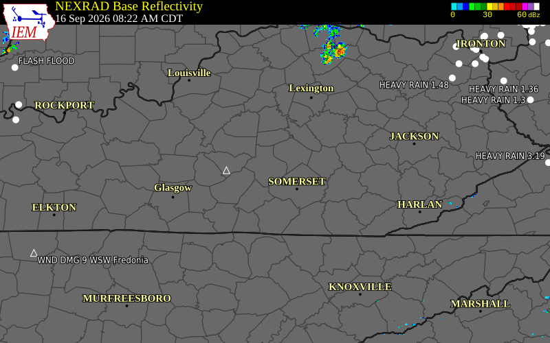Current NEXRAD radar over Lincoln County, Kentucky with recent storm report locations