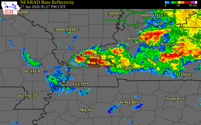 NEXRAD radar during the Saturday, June 27, 2026 storm activity in Livingston County, Kentucky