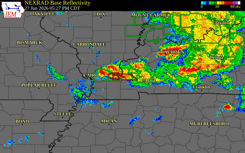 Radar snapshot during the Jun 27, 2026 tornado event near 3 E Ledbetter, Livingston County, Kentucky, with NWS warning polygons