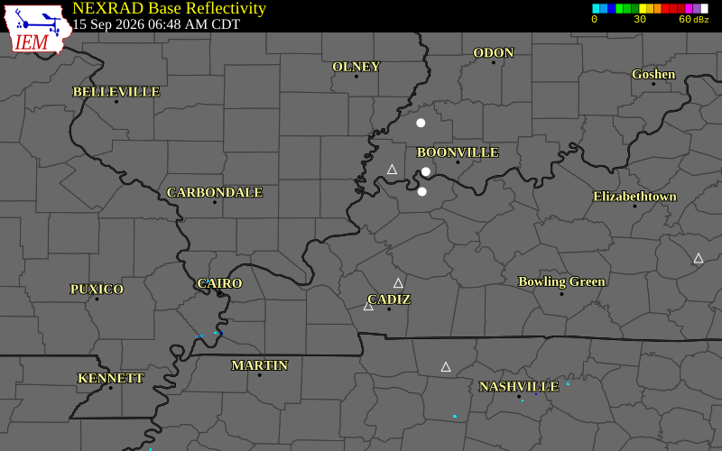 Current NEXRAD radar over Livingston County, Kentucky with recent storm report locations