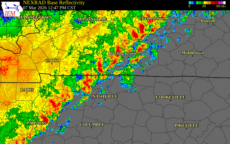 NEXRAD radar during the Saturday, March 7, 2026 storm activity in Logan County, Kentucky
