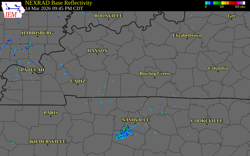 NEXRAD radar during the Saturday, March 14, 2026 storm activity in Logan County, Kentucky
