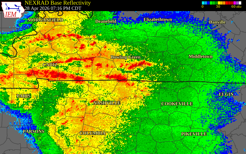 NEXRAD radar during the Tuesday, April 28, 2026 storm activity in Logan County, Kentucky