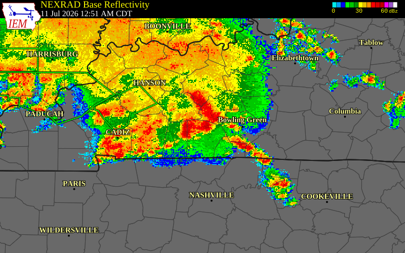 NEXRAD radar during the Saturday, July 11, 2026 storm activity in Logan County, Kentucky