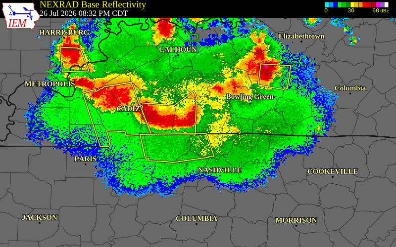 NEXRAD radar during the Sunday, July 26, 2026 storm activity in Logan County, Kentucky