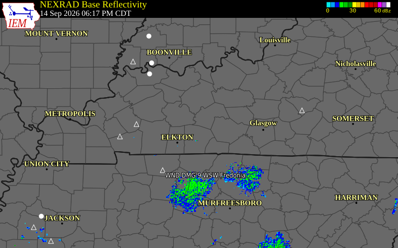 Current NEXRAD radar over Logan County, Kentucky with recent storm report locations