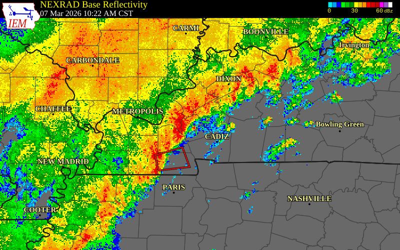 NEXRAD radar during the Saturday, March 7, 2026 storm activity in Lyon County, Kentucky
