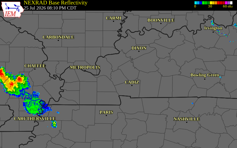 NEXRAD radar during the Saturday, July 25, 2026 storm activity in Lyon County, Kentucky