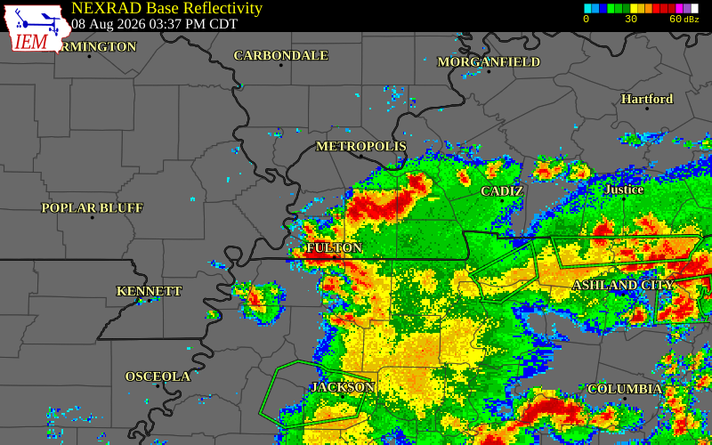 NEXRAD radar during the Saturday, August 8, 2026 storm activity in Lyon County, Kentucky