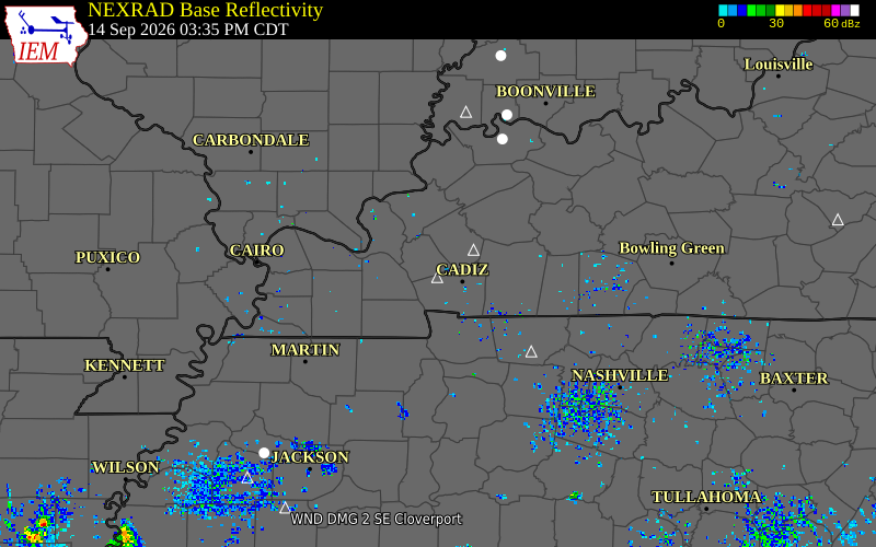 Current NEXRAD radar over Lyon County, Kentucky with recent storm report locations