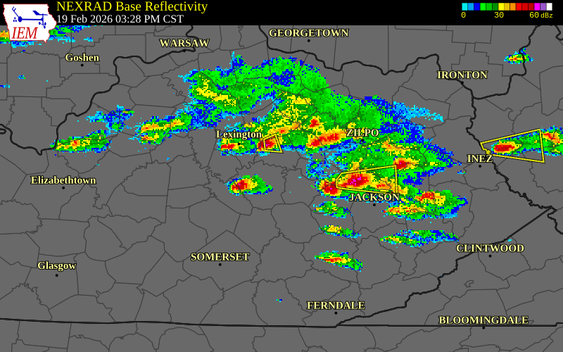 NEXRAD radar during the Thursday, February 19, 2026 storm activity in Madison County, Kentucky