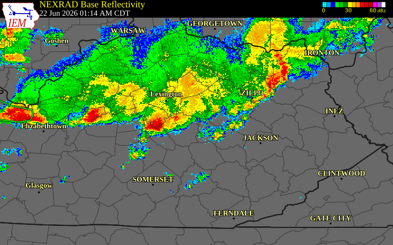 NEXRAD radar during the Monday, June 22, 2026 storm activity in Madison County, Kentucky