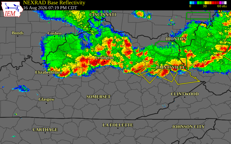 Radar snapshot during the Jun 26, 2026 wind event near Madison County, Madison County, Kentucky, with NWS warning polygons