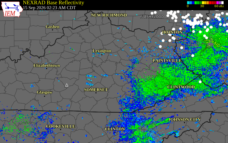 Current NEXRAD radar over Madison County, Kentucky with recent storm report locations