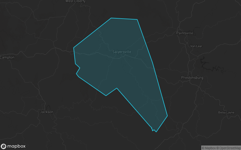 Map of Magoffin County, Kentucky showing the county boundary and surrounding cities