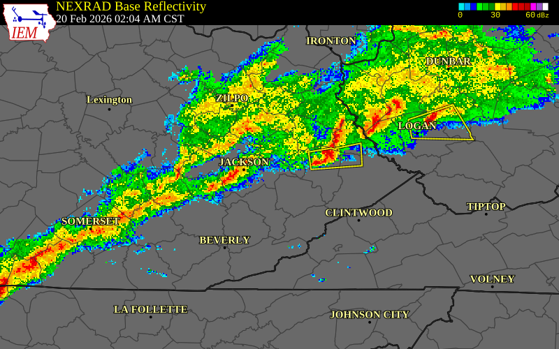 NEXRAD radar during the Friday, February 20, 2026 storm activity in Magoffin County, Kentucky
