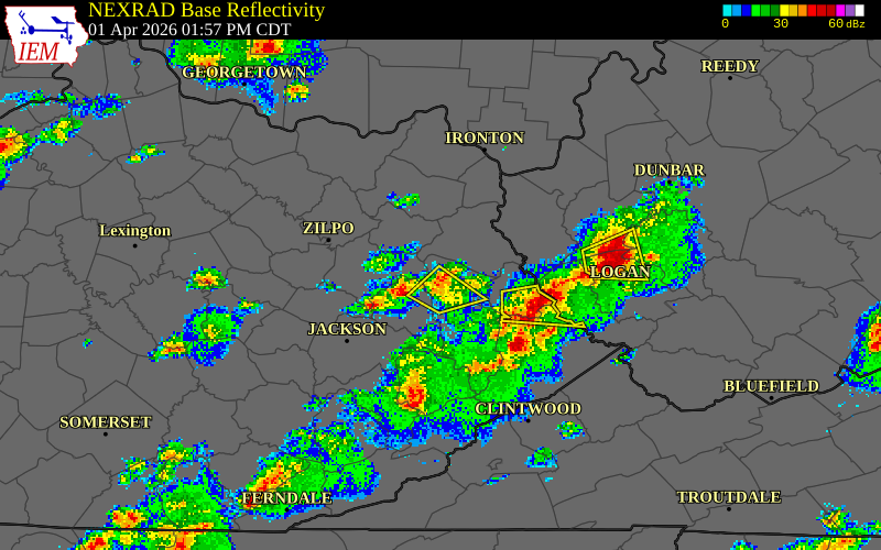 NEXRAD radar during the Wednesday, April 1, 2026 storm activity in Magoffin County, Kentucky