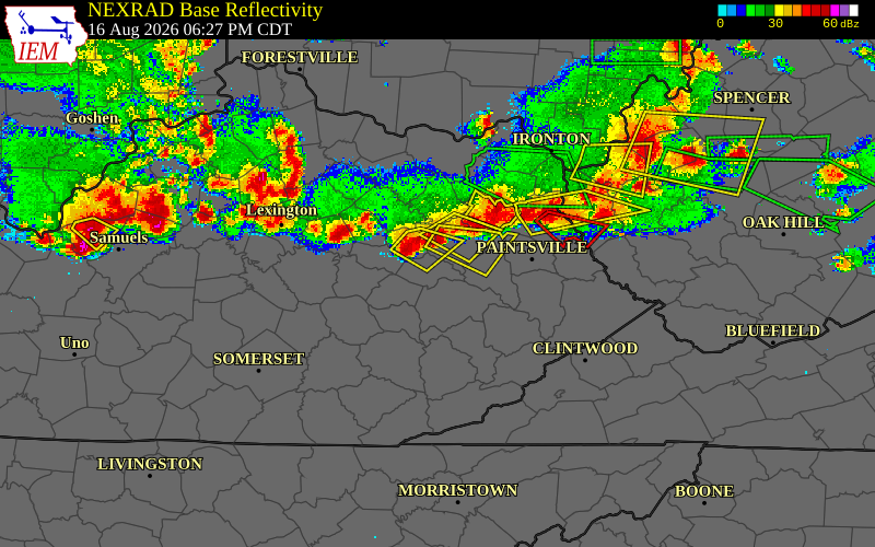 Radar snapshot during the Aug 13, 2026 wind event near Magoffin County, Magoffin County, Kentucky, with NWS warning polygons