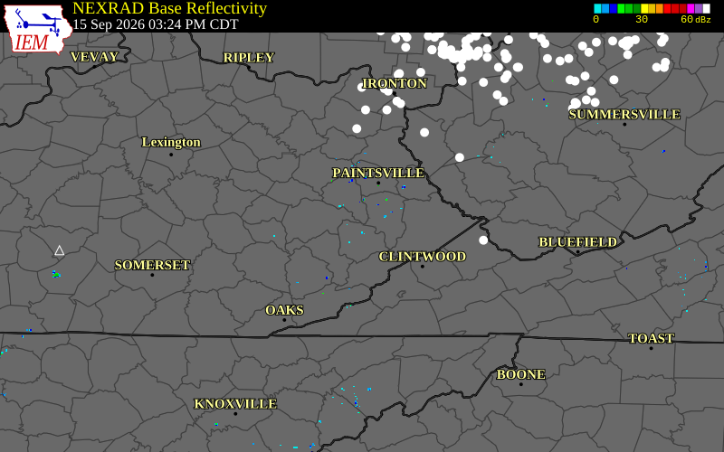 Current NEXRAD radar over Magoffin County, Kentucky with recent storm report locations