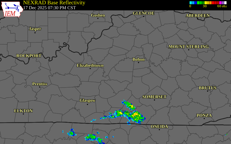 NEXRAD radar during the Wednesday, December 17, 2025 storm activity in Marion County, Kentucky