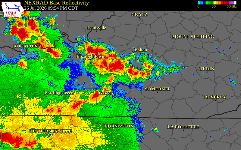 NEXRAD radar during the Sunday, July 26, 2026 storm activity in Marion County, Kentucky