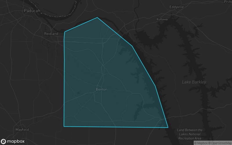 Map of Marshall County, Kentucky showing the county boundary and surrounding cities