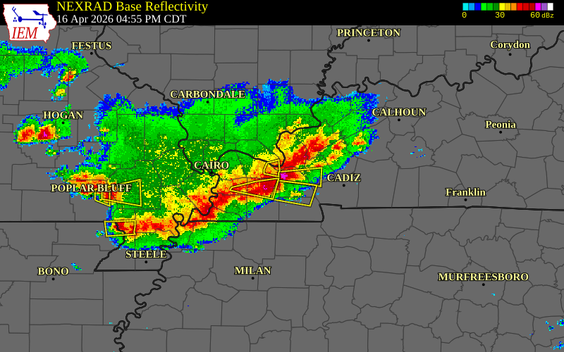 Radar snapshot during the Apr 16, 2026 hail event near 5 SE Reidland, Marshall County, Kentucky, with NWS warning polygons