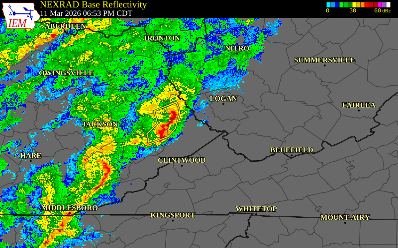 NEXRAD radar during the Wednesday, March 11, 2026 storm activity in Martin County, Kentucky