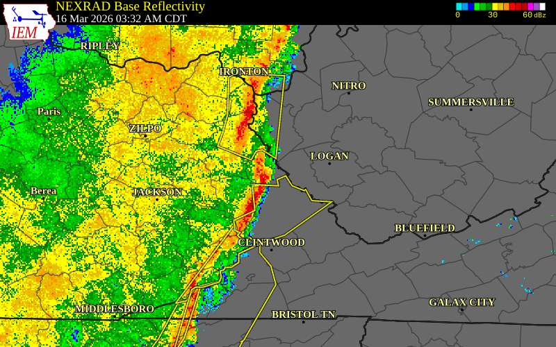 NEXRAD radar during the Monday, March 16, 2026 storm activity in Martin County, Kentucky