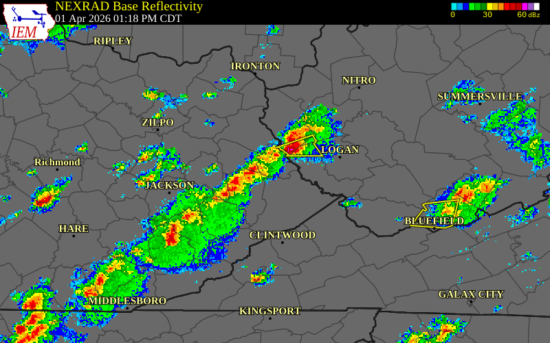 NEXRAD radar during the Wednesday, April 1, 2026 storm activity in Martin County, Kentucky