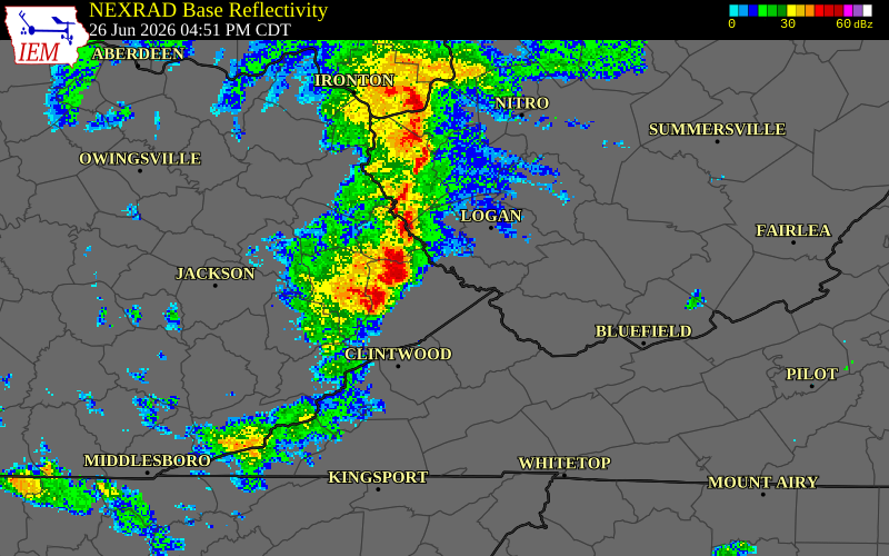 NEXRAD radar during the Friday, June 26, 2026 storm activity in Martin County, Kentucky
