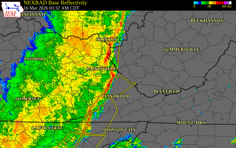 Radar snapshot during the Mar 16, 2026 wind event near Martin County, Martin County, Kentucky, with NWS warning polygons