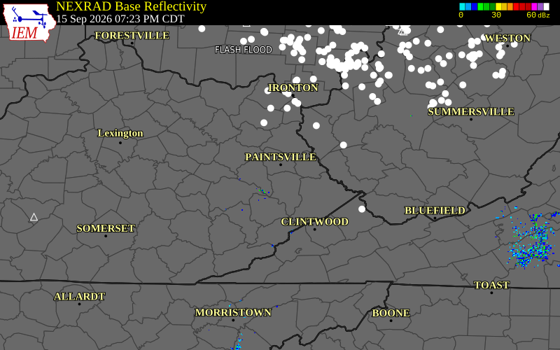 Current NEXRAD radar over Martin County, Kentucky with recent storm report locations