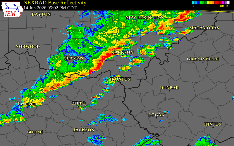 NEXRAD radar during the Sunday, June 14, 2026 storm activity in Mason County, Kentucky